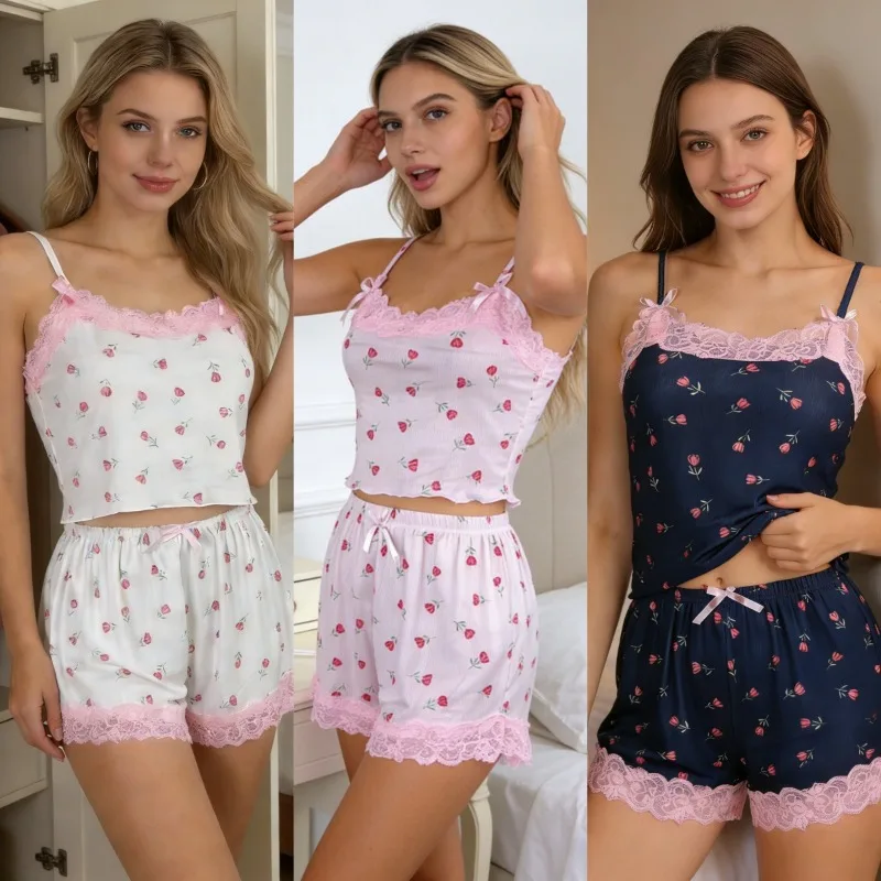 

Women's Floral Print Pajamas Set Lace Sleeveless Top and Shorts Sleepwear 2 Piece Set Summer Casual Elastic Loungewear