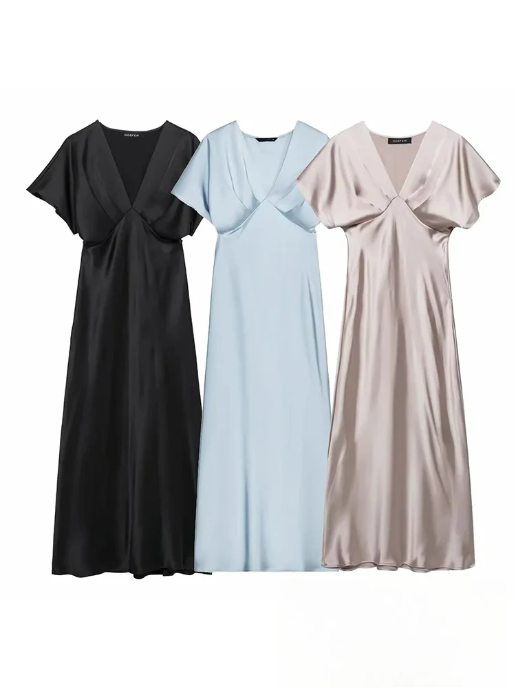 KONDALA خمر شيك أنيق المرأة فستان ستان الصلبة مطوي كم قصير مستقيم طويل Vestidos موضة 2025 فستان صيفي