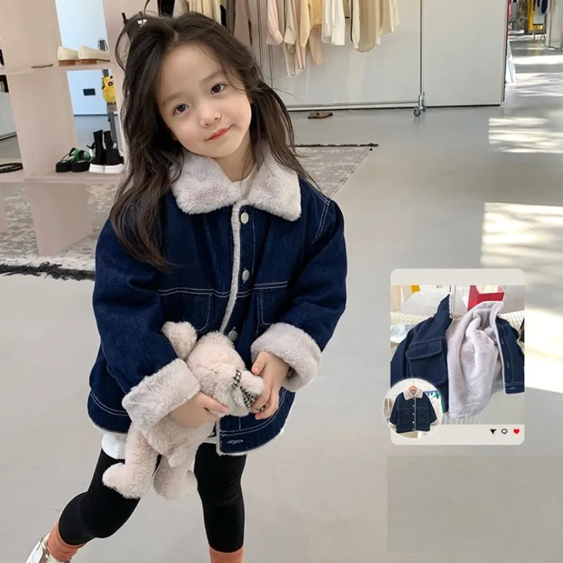 

Winter Warm Baby Girls Cotton Single-breasted Thick Fleece Lined Denim Jackets School Kids Track Coats Child Outfit Tops 2-8 Yrs