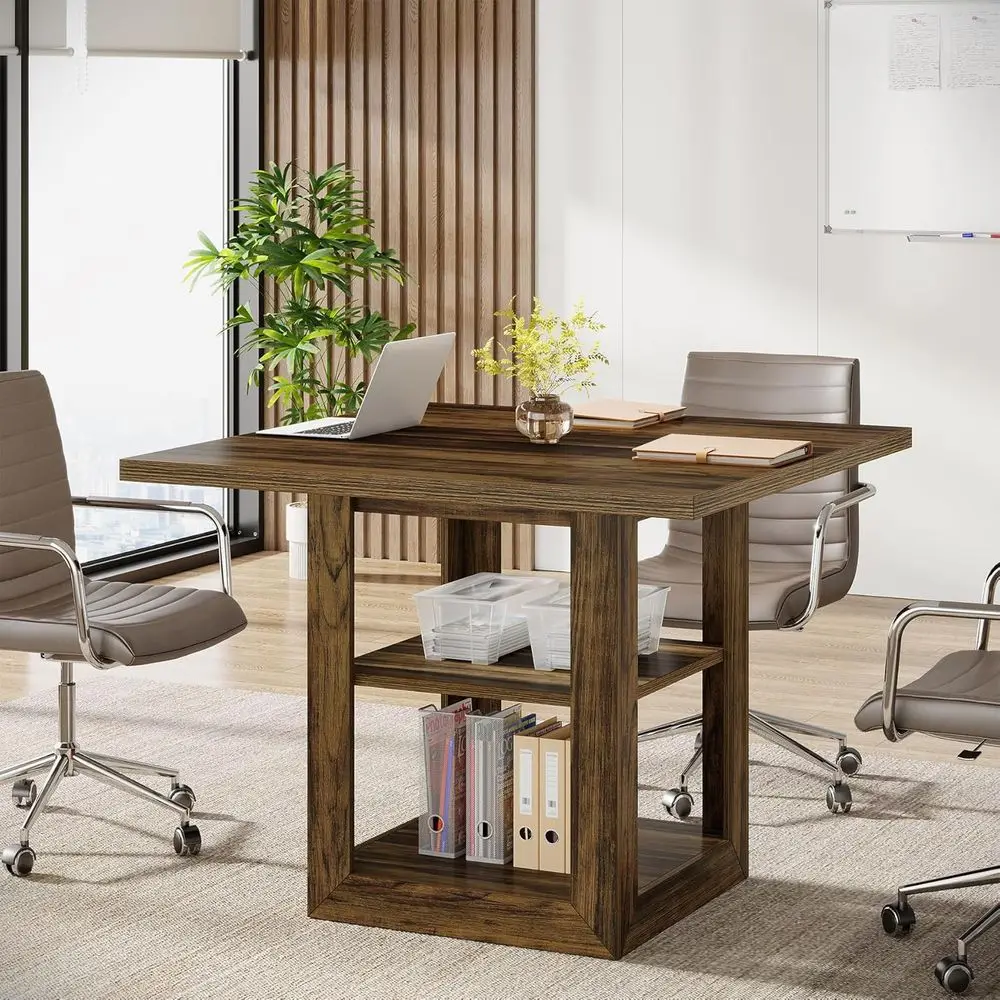 

Квадратный конференц-стол на 4 человека, деревянный компактный стол для совещаний с двухуровневой полкой для хранения для небольших помещений, конференц-зала