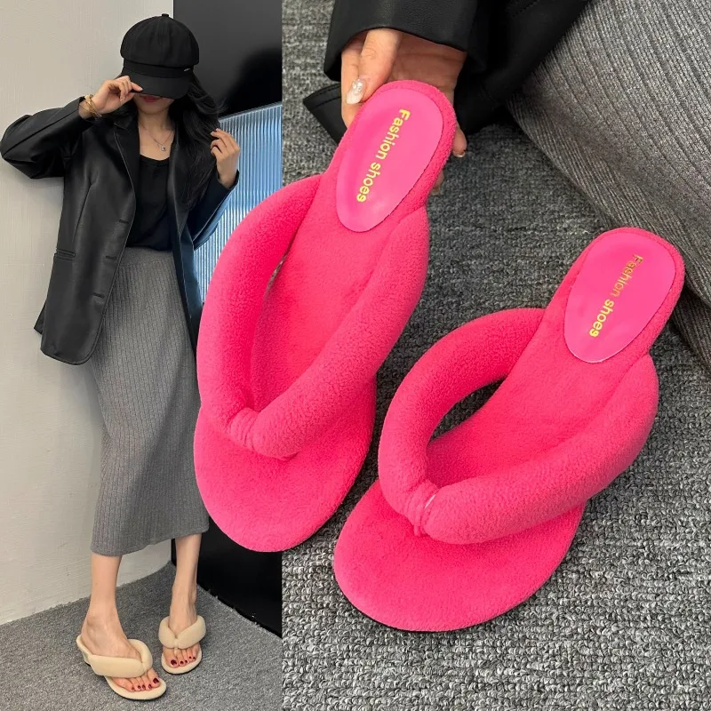 

New Footwear Flock Women Wedges Slippers Flip Flops Shoes Fashion Round Toe Ladies Wedges Slippers Shoes Female Sandals Slides