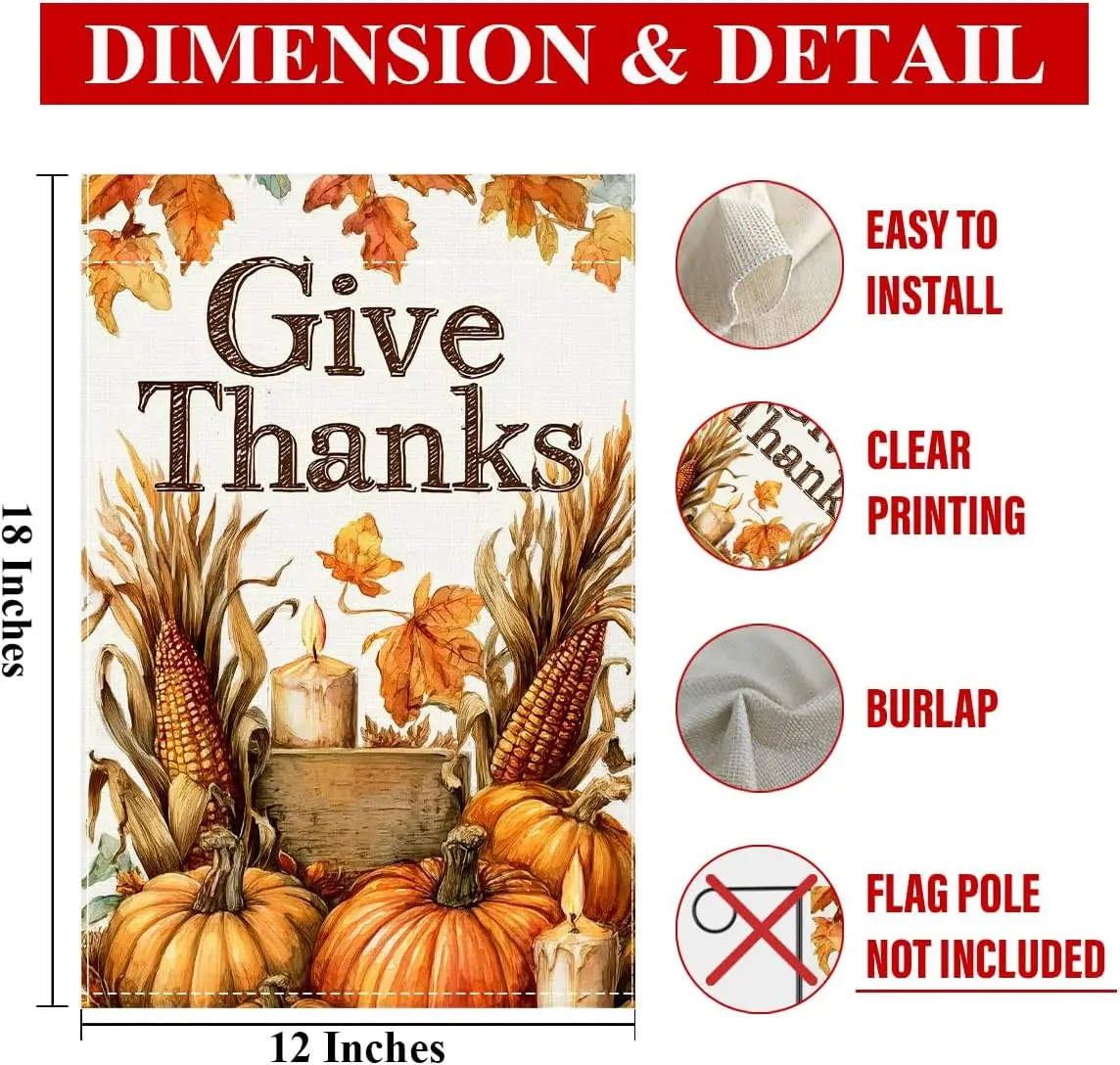 Fall Thanksgiving Garden Flag 12x18 Double Sided, Fall Thanksgiving House Flag for Yard Outside Outdoor Harvest Autumn Pumpk SSL