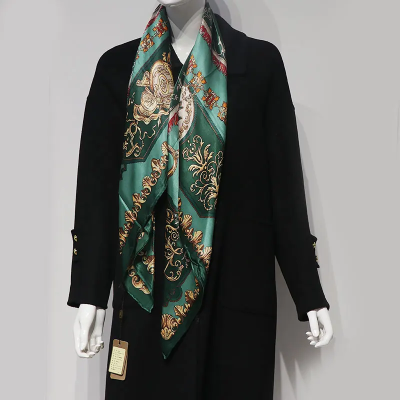 French Aristocratic British Style Dark Green Silk Scarf for Women Spring & Fall Mulberry Silk Scarf Large Square Scarf Shawl