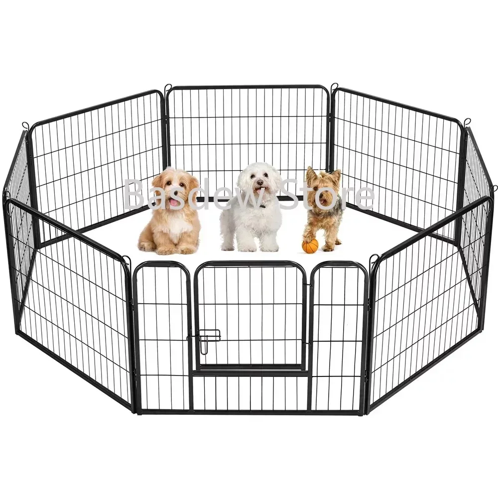 

8 Panels Pet Fence Playpen,24"H Heavy Duty Black Iron Dog Playpen