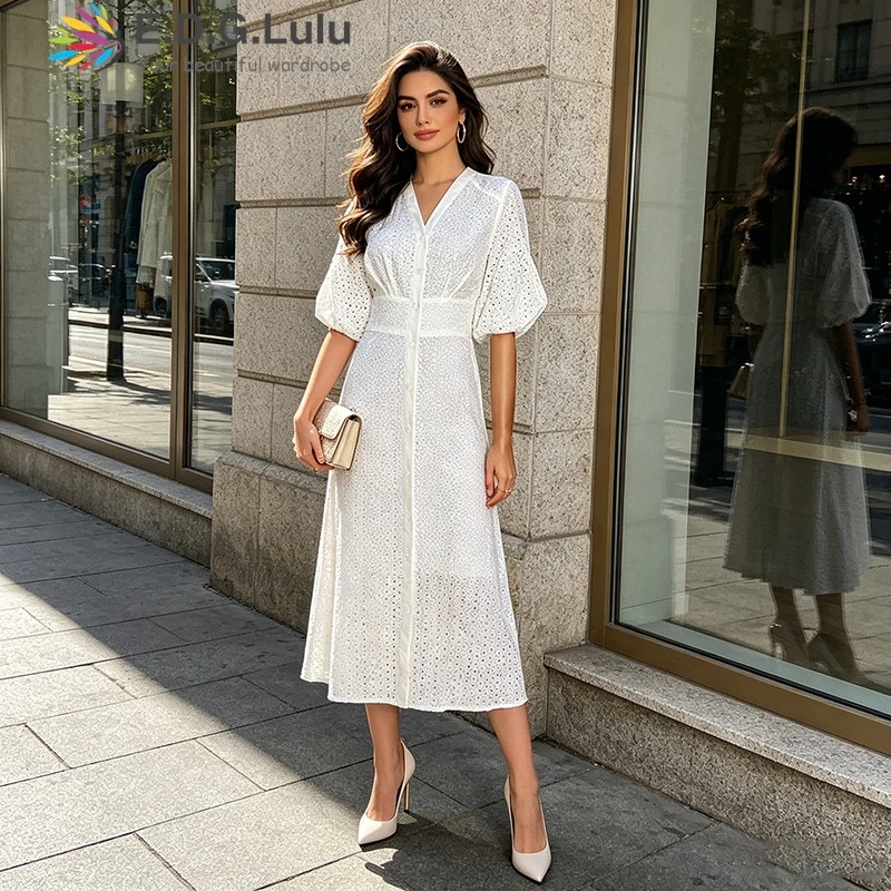 EDGLuLu 2026 Summer New Collection V-Neck Single Buckle White Dress For Woman Elegant Party Puff Sleeve Lace Dresses 0612