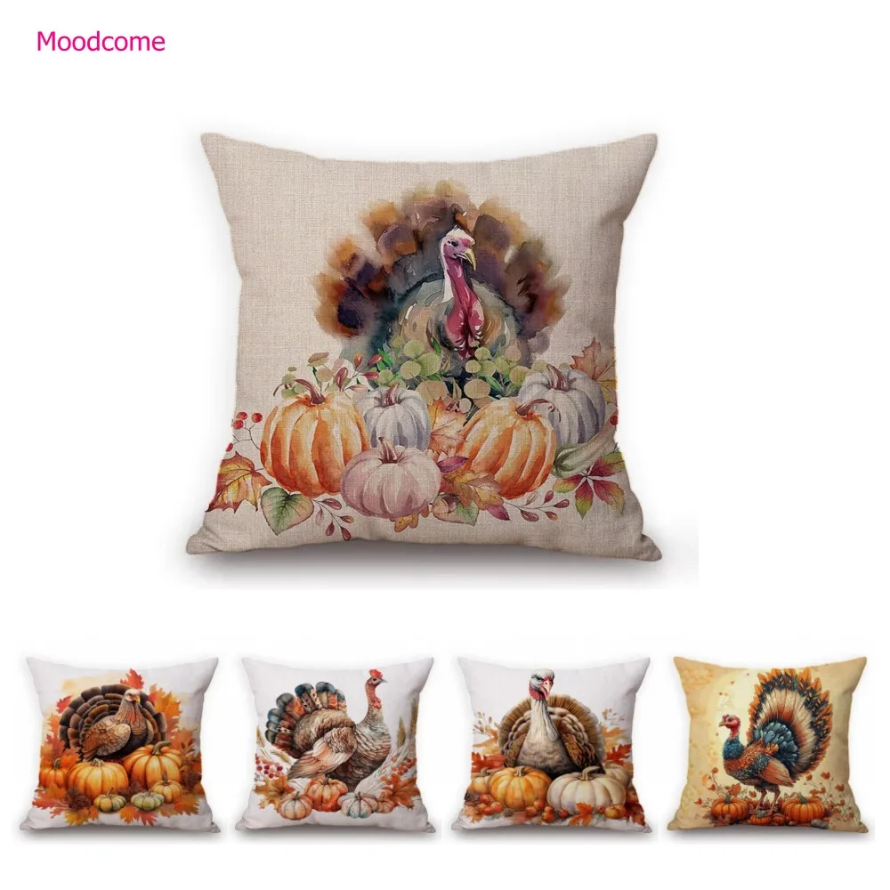 May Flower Thanksgaving Turkey Art Cotton Linen Sofa Throw Pillow Case Square Home Decoration Autumn Fall Chair Cushion  Cover