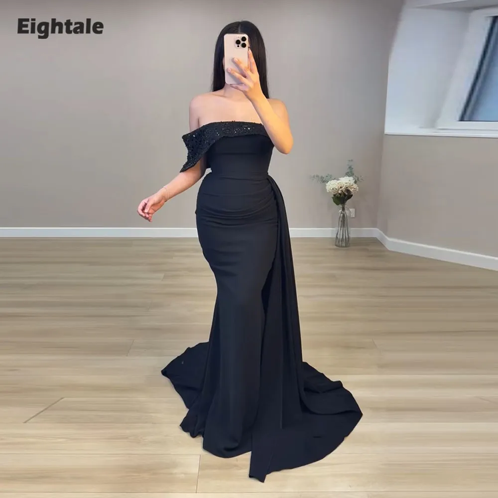 

Eightale Arabic Evening Dress Customized Strapless Sequin Stretchy Satin Black Mermaid Prom Wedding Party Gowns