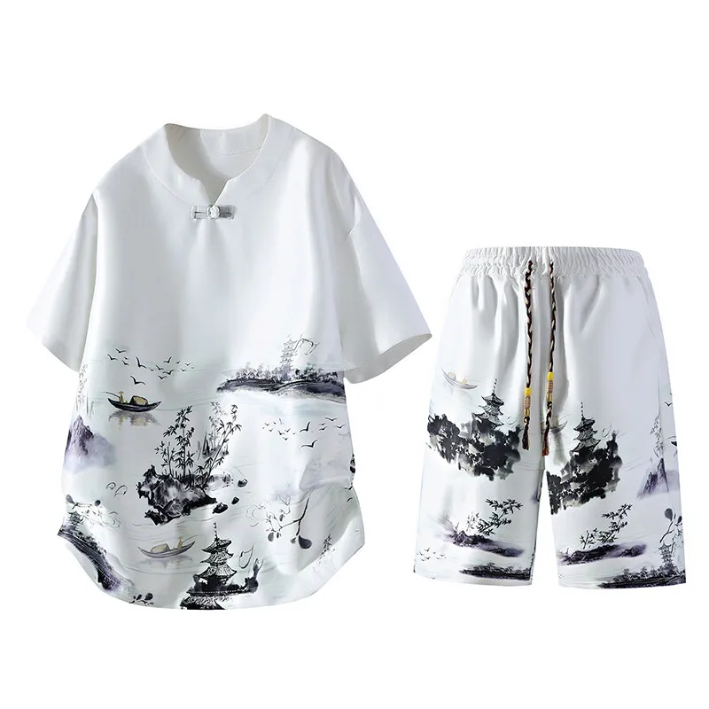 

Summer New Fashion Trend Printed Short-Sleeved Shorts Set For Men Loose Sports Breathable High-Quality Large Size Two-Piece Set