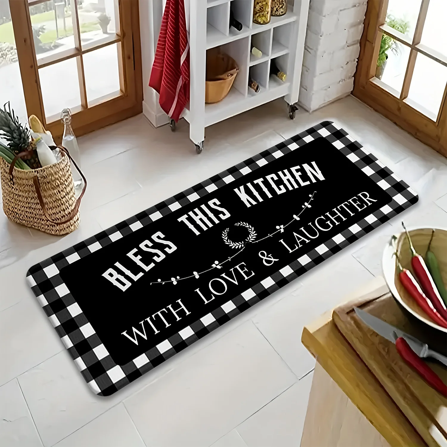 Black White Buffalo Plaid Kitchen Runner Mat Anti Slip Bless This Kitchen Love Laughter Text Print Carpet for Kitchen Hall Room