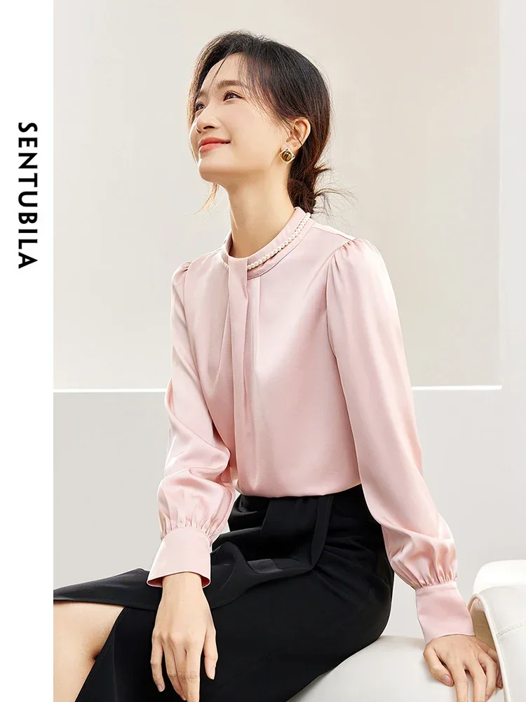 SENTUBILA Women High-end Satin Blouse 2024 Spring Autumn Elegant Long Sleeve Tops Lady Commute Pink Shirts & Blouses 141V53329