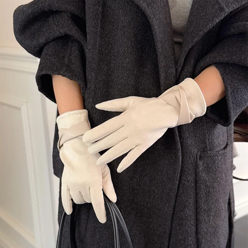 1 زوج قفازات من جلد الغزال للنساء الشتاء قفازات مخملية أنيقة قفازات شاشة اللمس لركوب القيادة الدفء في الهواء الطلق