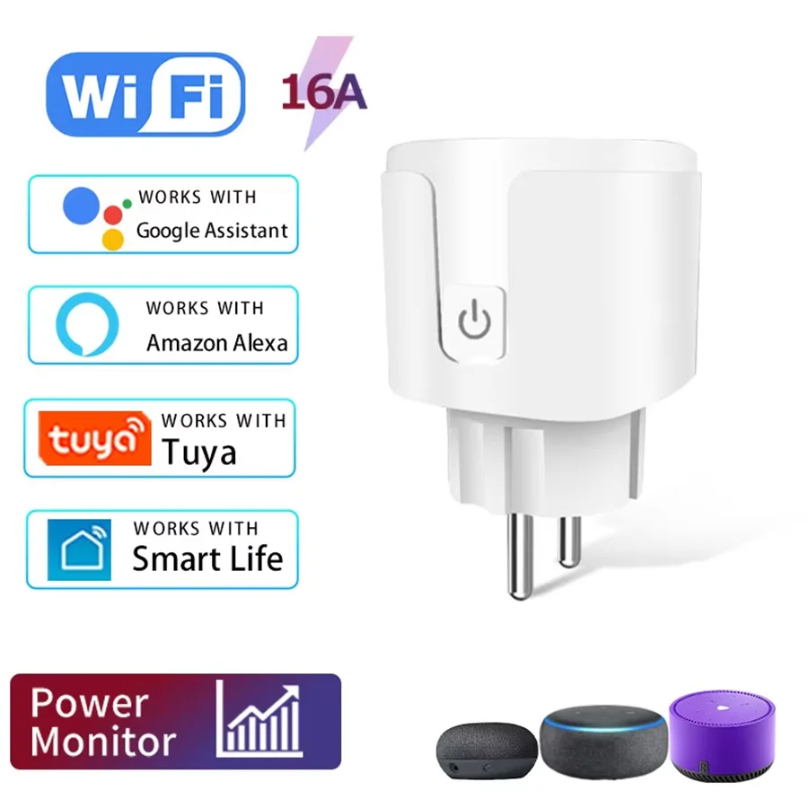 

16A Tuya Wi-Fi Smart Plug EU с монитором мощности Умные розетки Приложение Smart Life Дистанционное голосовое управление с Alexa Google Home