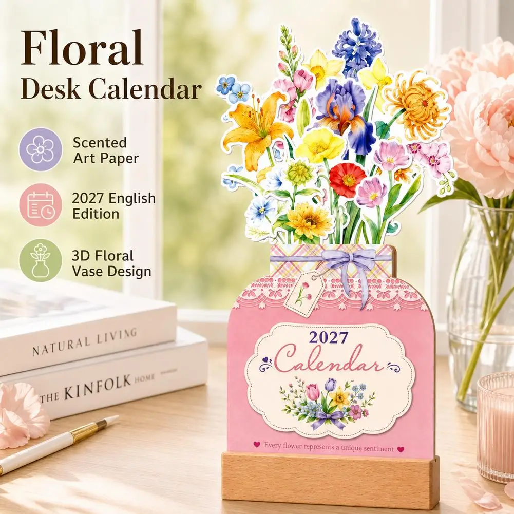 Floral Desk Calendar 2027 Vase Shaped 3D Flower Wooden Base Detachable Scented Paper Monthly Standing Planner Office Decor Gifts