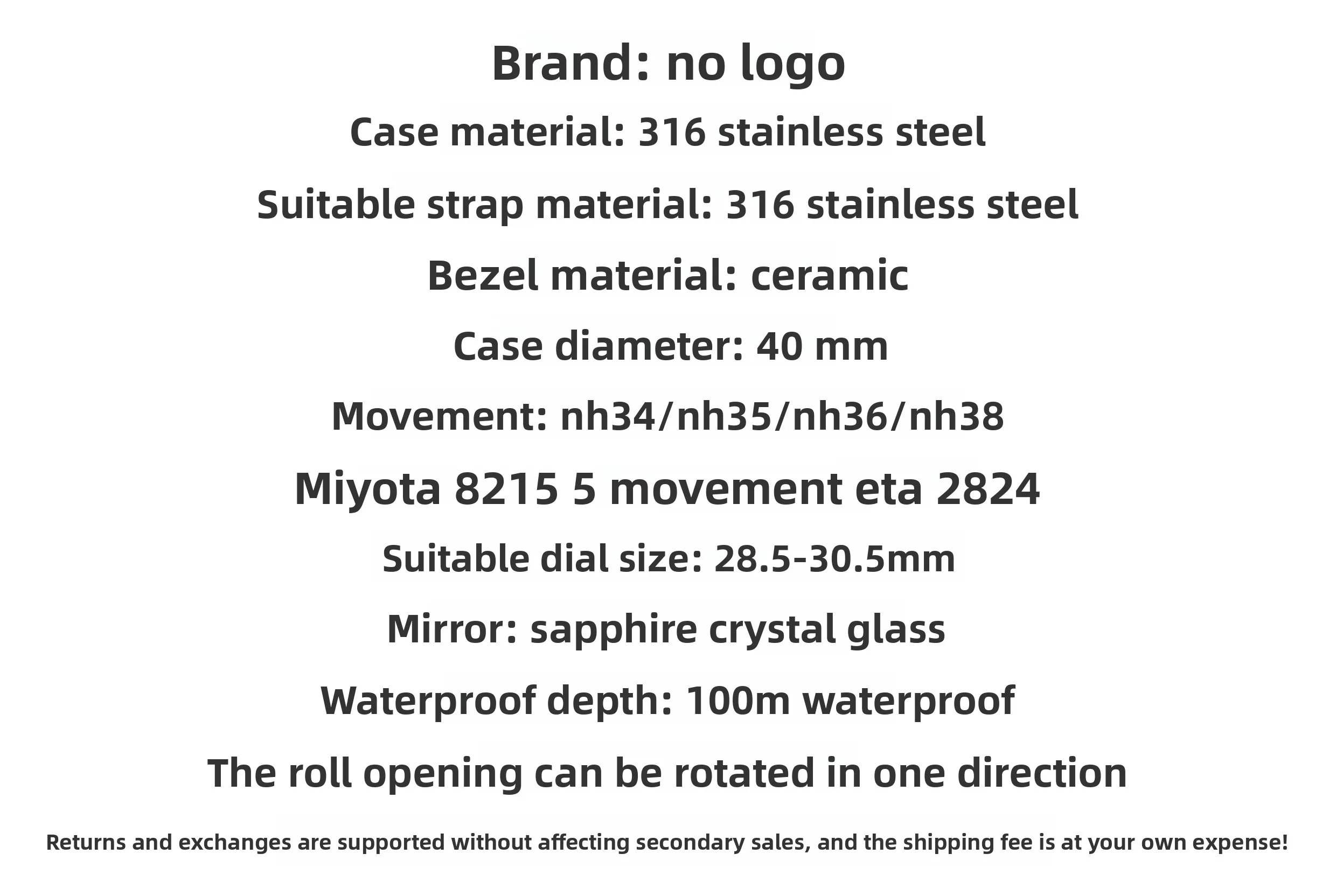 Watch accessories, mechanical strap for men, suitable for 40mm modified dial, 100m waterproof, suitable for NH35 movement