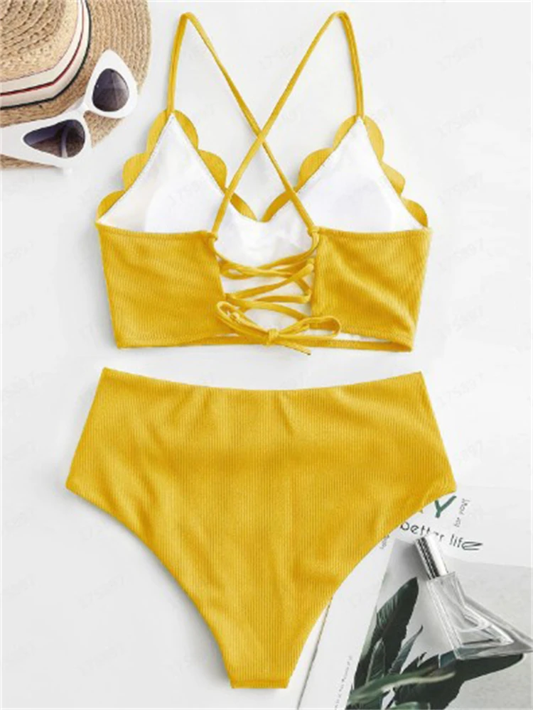 Conjunto de Bikini acanalado para mujer, traje de baño de dos piezas con tirantes, cintura alta, color liso, 2024