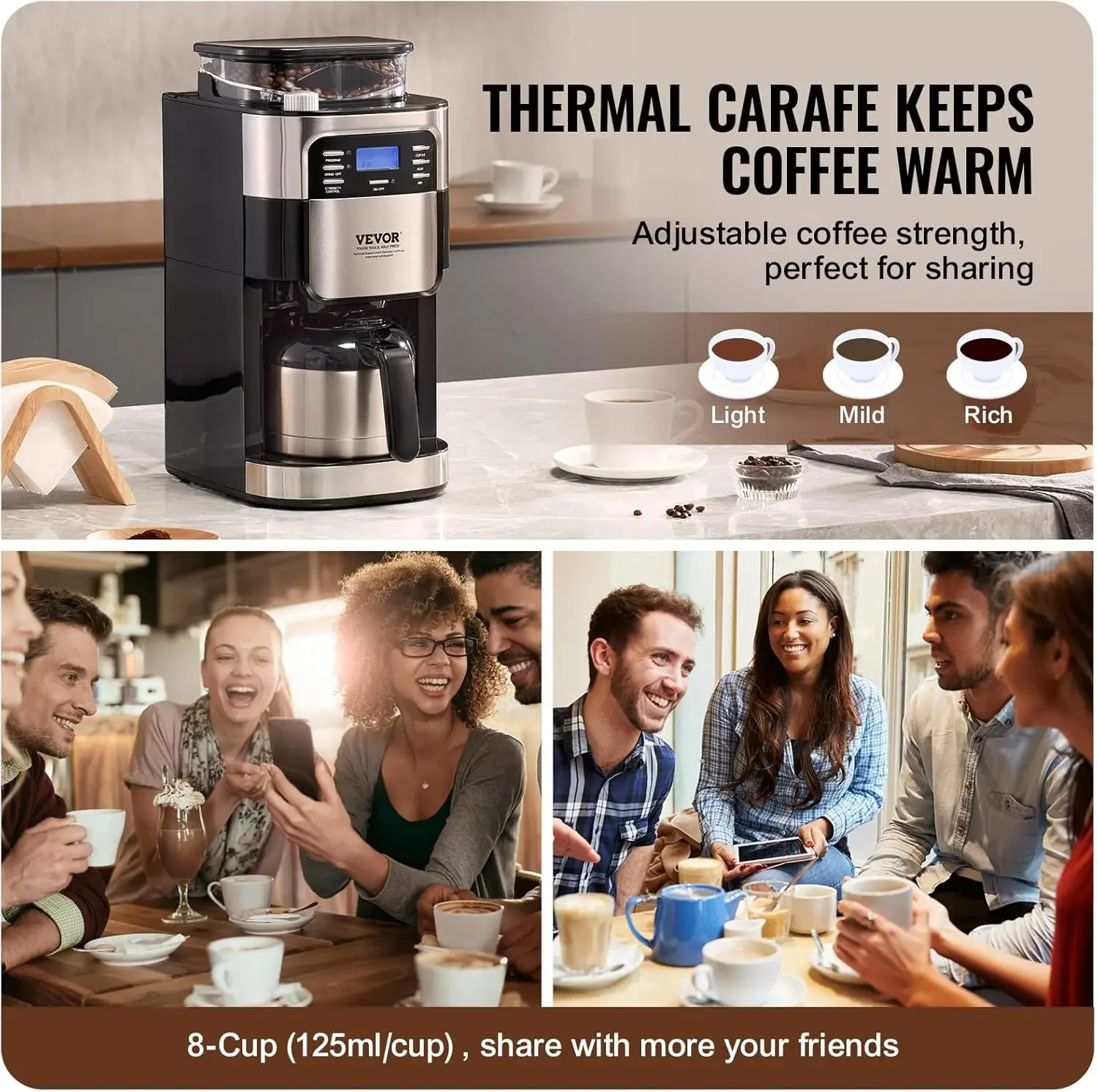 Coffee Maker with Grinder,8 Cup Coffee Machine,Grind and Brew Coffee Maker with 3 Brew Strength Control,24-Hour Timer for Auto