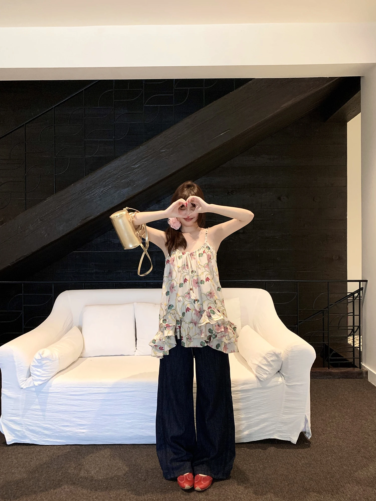 Heavy Embroidery Linen A-Line Halter Top by Xiao Jun Jun Brand Pink Fog Pine Mountain Color Block 3D Flower Design Women's Vest view 4