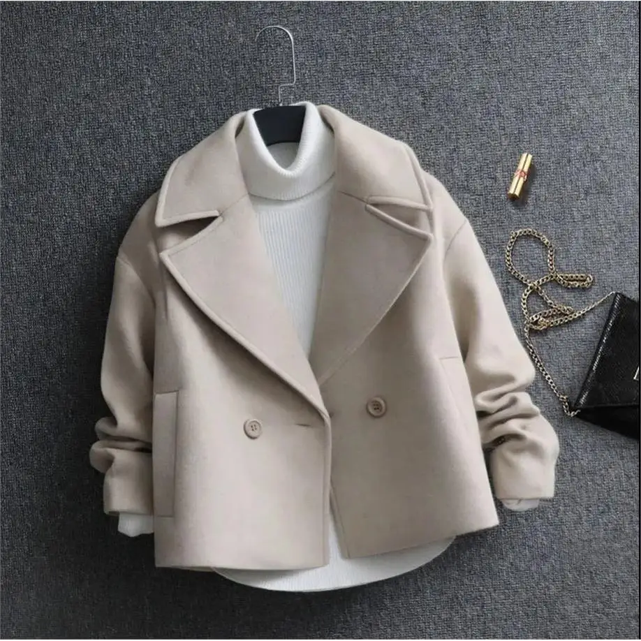 Short Woolen Coat for Women Cleanfit Style Korean College Fashion Compact Size Autumn Winter Outerwear Bright Surface Cotton ...