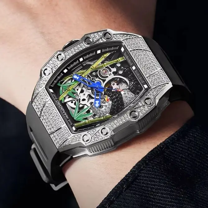 HANBORO Men Automatic Watch 50mm Tonneau Mechanical Wristwatch Luminous Waterproof Skeleton Panda Dial Miyota 82S0