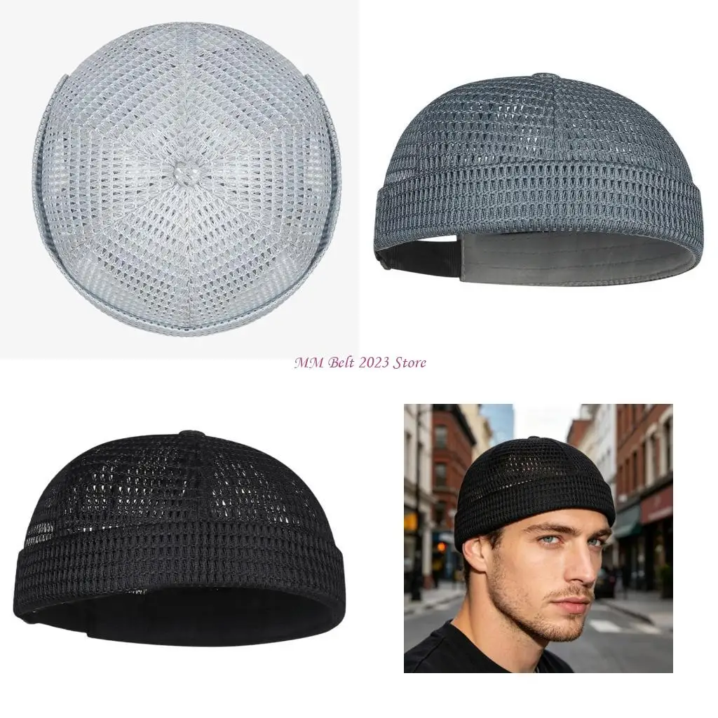 49ME Rolled-Cuff Harbour Hat Distressed Brimless Skull Hat Adjustable Breathable Casual Hat for Outdoor Photo Props