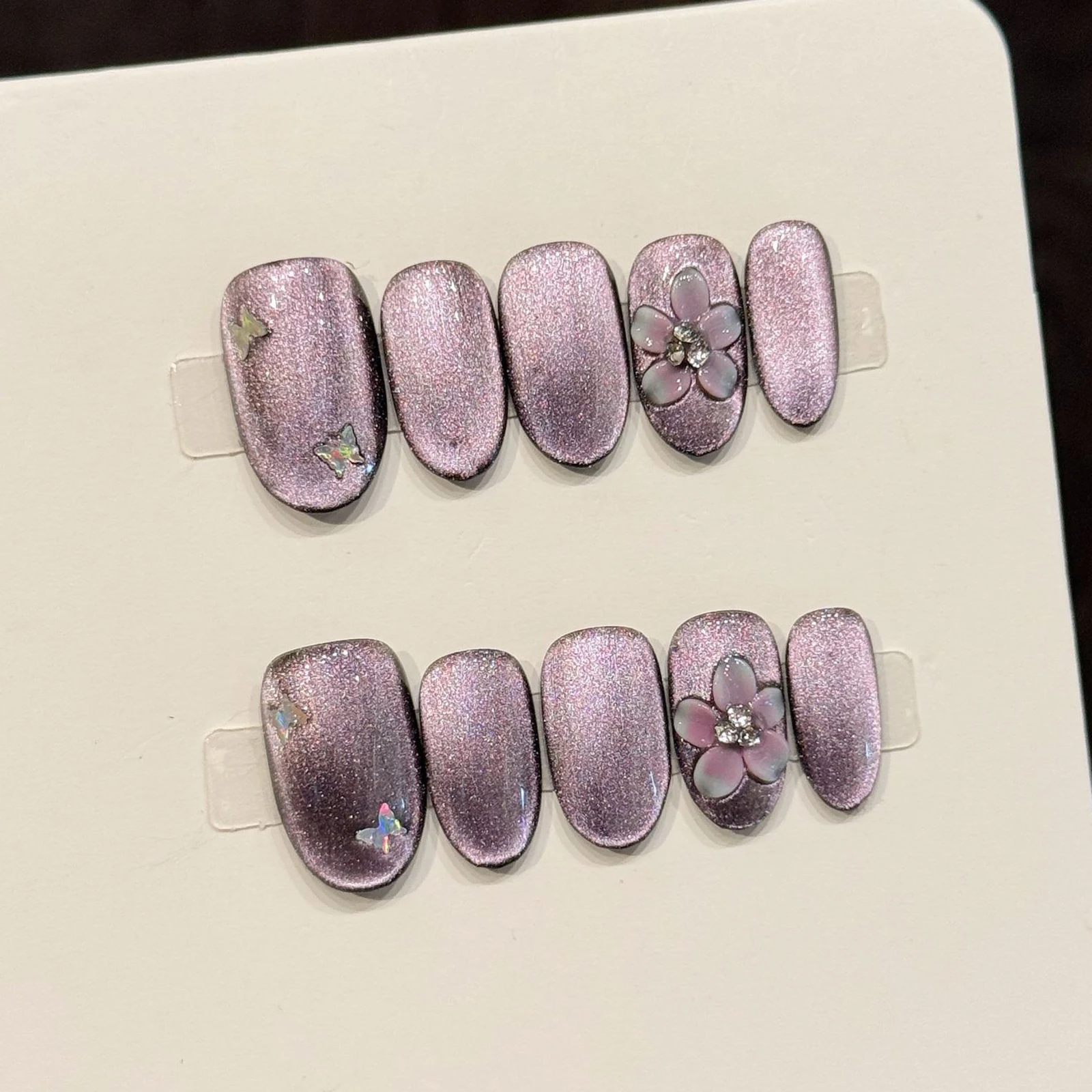 10 قطعة الصحافة اليدوية على الأظافر الأرجواني كريستال زهرة الأظافر وهمية مع تصميم النمط الياباني بريق عين القط أظافر صناعية نصائح