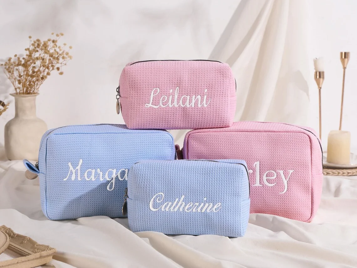 Personalized Embroidered Waffle Cosmetic Bag, Monogrammed Makeup Bag, Custom Name Toiletry Bag, Bridal Party Makeup Bag Gift