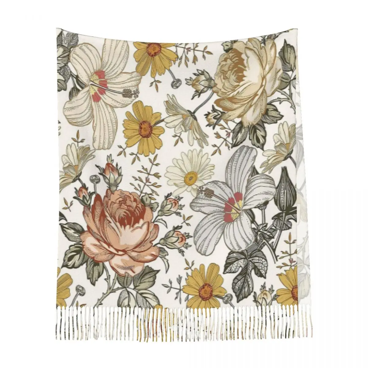 Bufandas con borlas y estampado floral de margaritas y peonías multicolores color Beige floreciente para mujer, chales y chales, chal largo