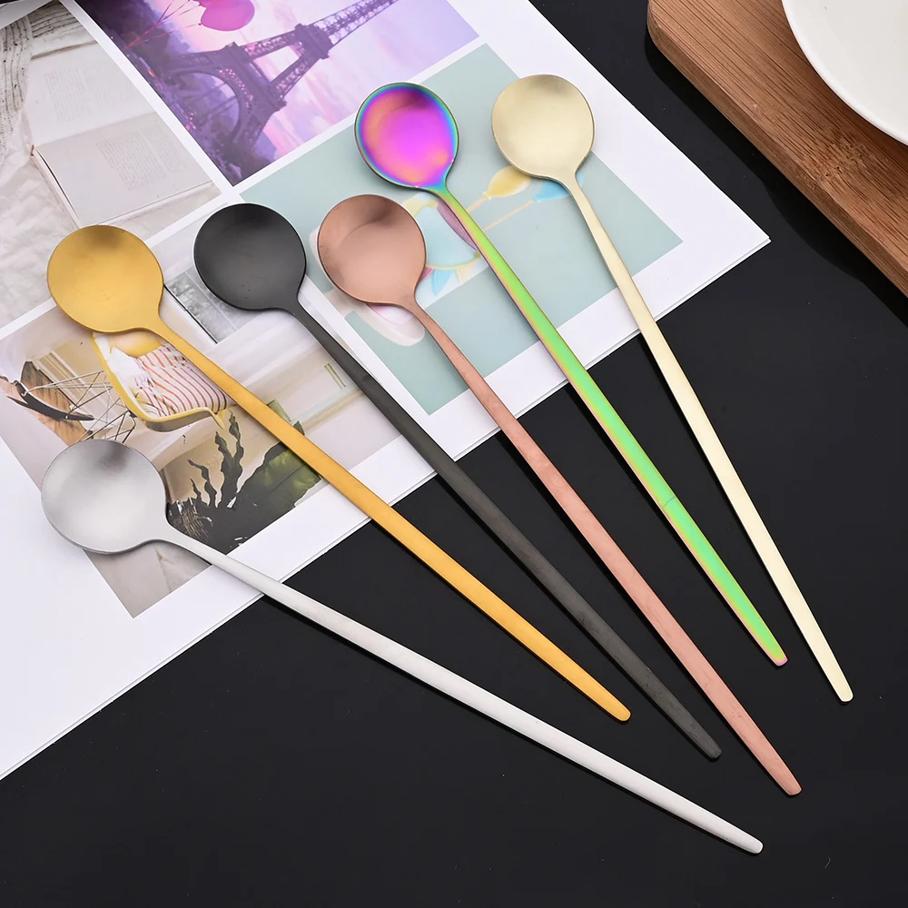 6Pcs Matte Black Long Hangdle Spoon For Stirring Drink Steainless Steel Gold Dinnerware Tableware Cutlery Ice Cream Spoon Set