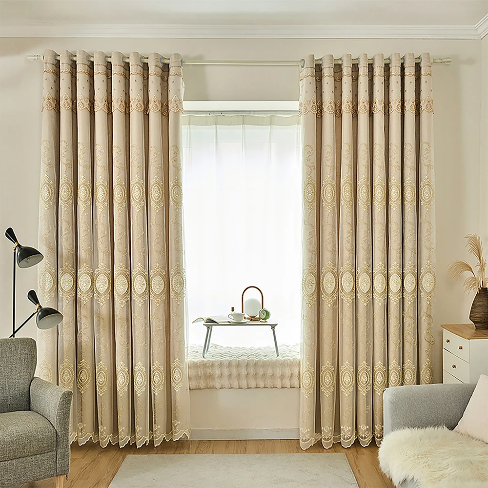 

1pc Two Layer Curtain with Gold Thread Embroidery, Beige Luxury Thermal Insulated Living Room Drapery