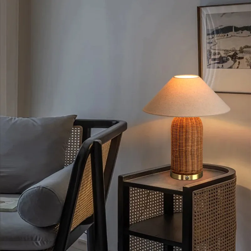 Japanese Retro Rattan Weaving Floor Lamps Wabi Sabi Style Fabric Lampshade Teahouse Zen Room Hotel Homestay Bedroom Table Lights