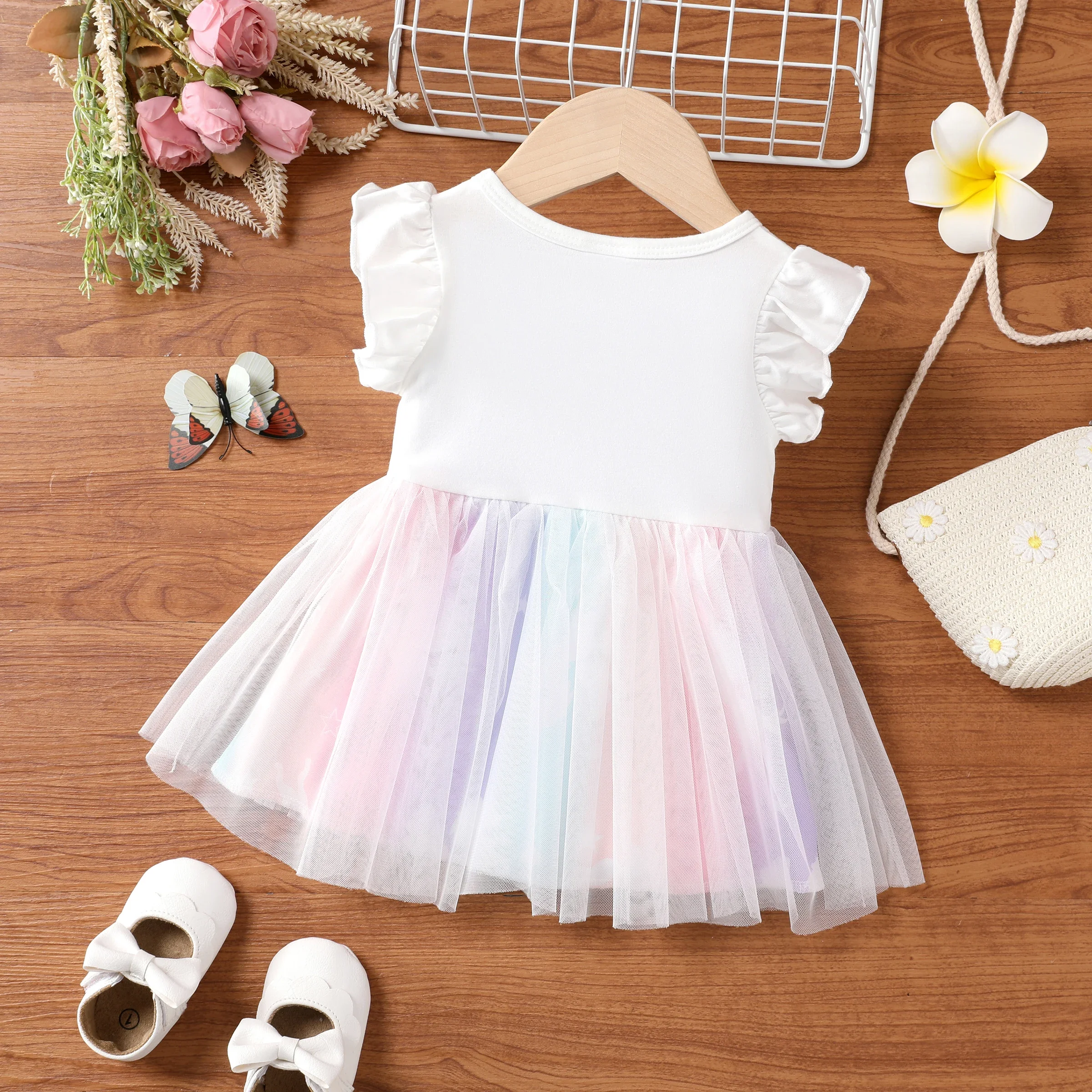 PatPat  Baby Girl Unicorn Ruffle Dress in Colorful Mesh Suitable for Summer Season Soft and Comfortable  Perfect for Outings