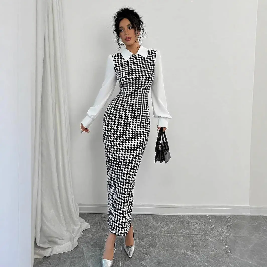 Faionable Ele Slim Fit Bubble Sve Dr avec motif d'oiseau taille haute jupe longue Ele Sle t-shirt en fibre d'acétate