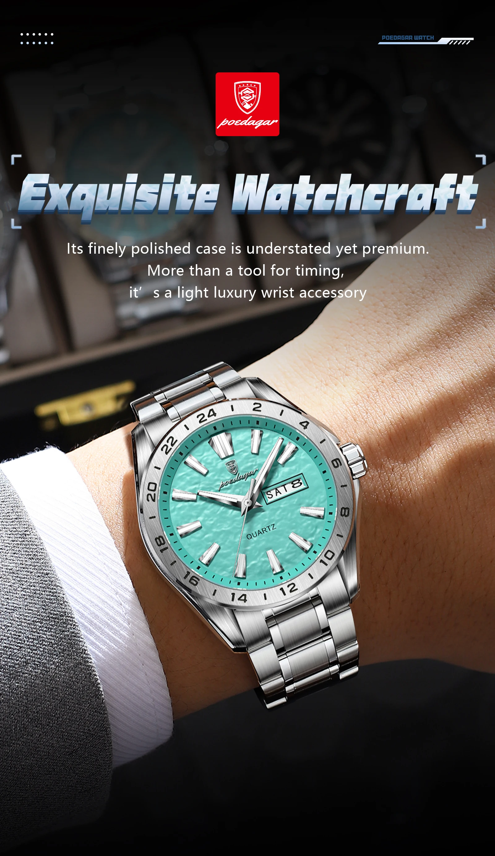 POEDAGAR Top-Mode Herrenuhr, Business, Leuchtend, Wasserdicht, Edelstahl, Herrenuhr mit Datum, Wochentag, Quarz, Sportuhr, Herrenuhren, Reloj – Detail 6
