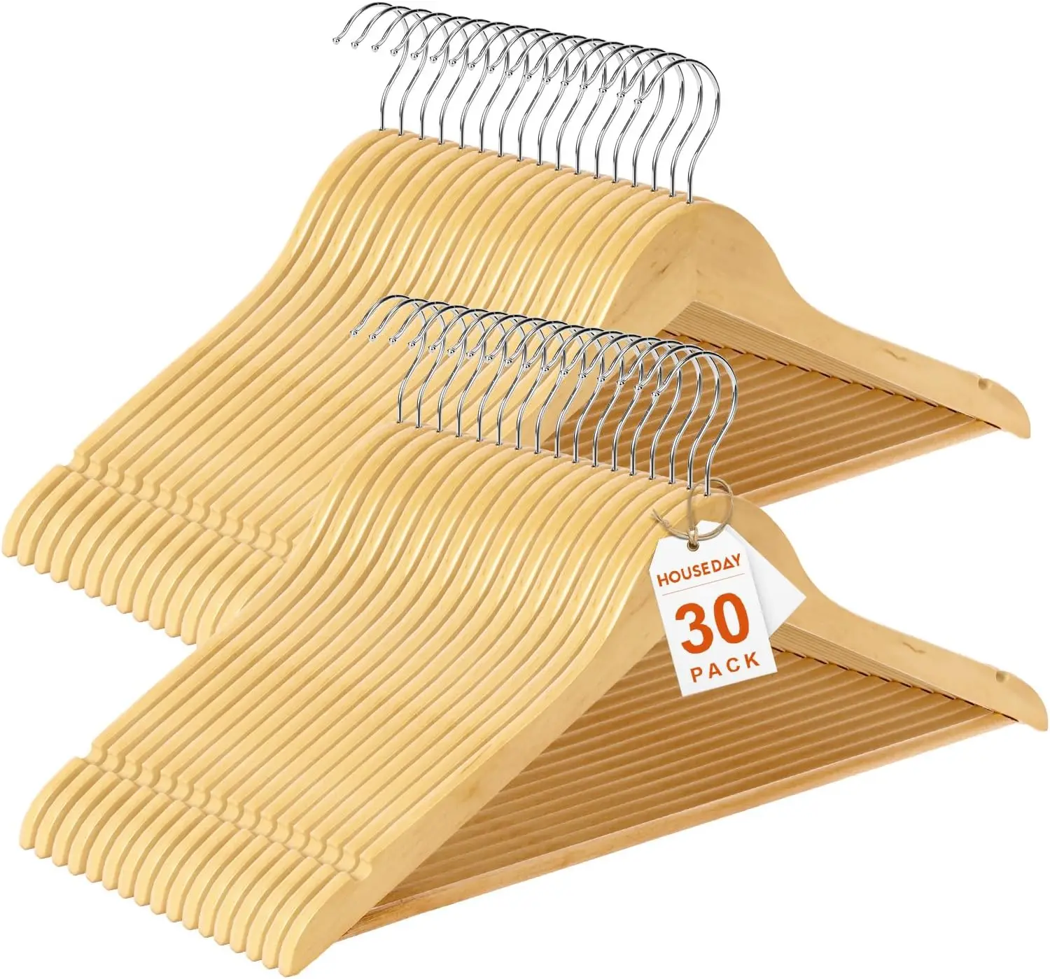 

Premium Wooden Coat Hangers, 30 Pack with Swivel Hook & Pant Bar for Heavy Duty Closet Organization