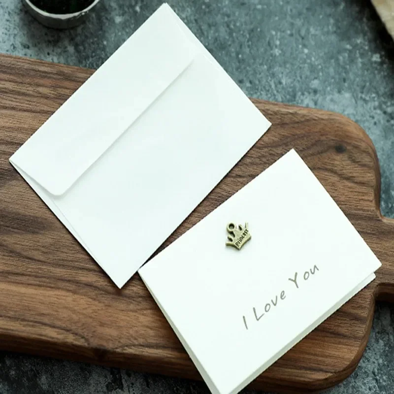 10pcs White Wedding Invitation  Greeting Card Metal Retro Building Animal Message Mini Birthday Bouquet Gift Blessing Envelope