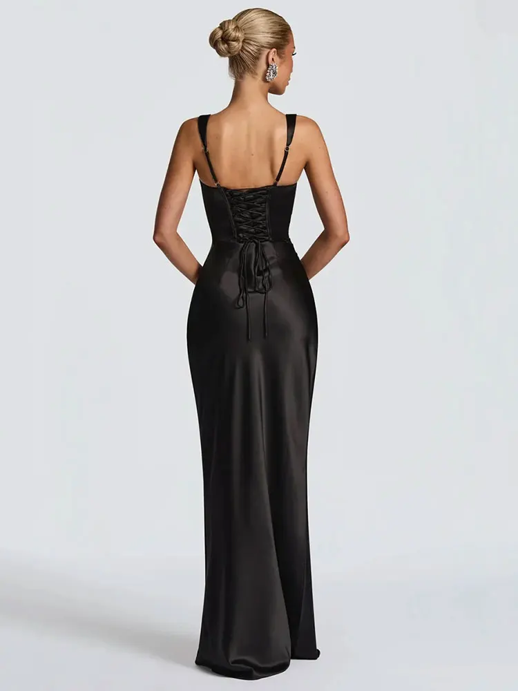 GACVGA Satin dos nu Sexy robe Maxi femmes élégant licou épaules dénudées sans manches dos à lacets moulante Club fête longues robes