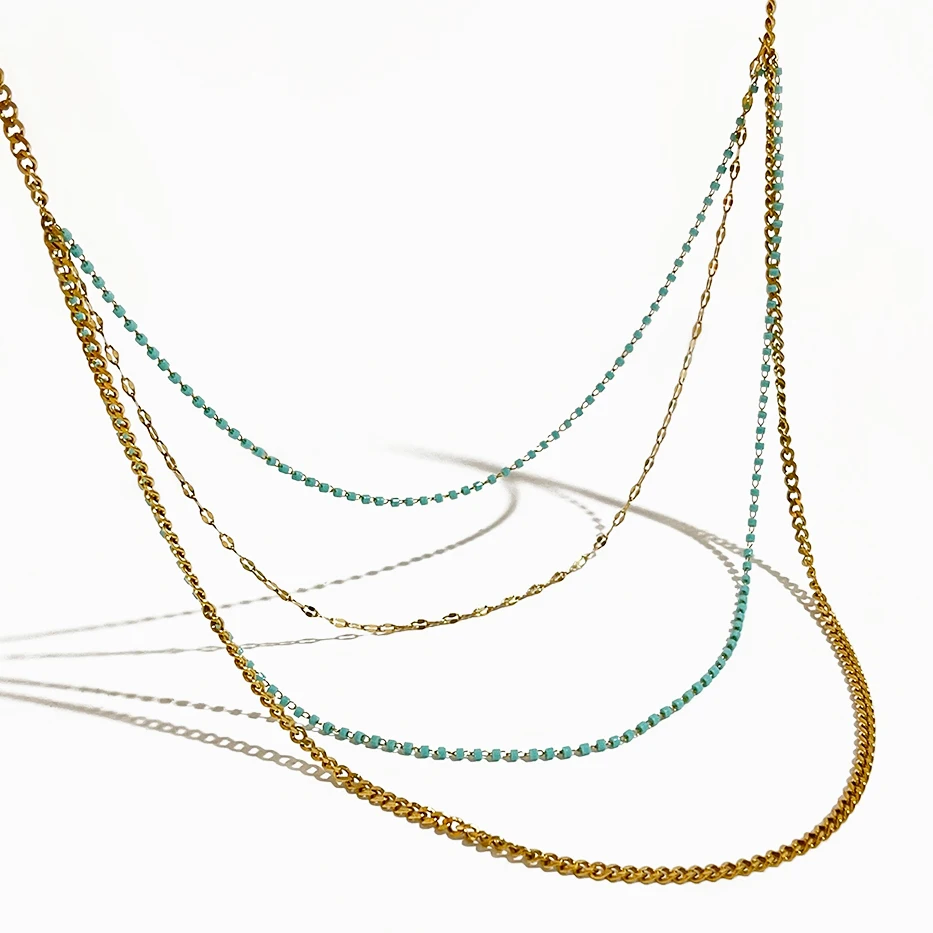 Peri'sBox Minimalist Turquoise Beads Chain 4 Layered Necklace Women Stainless Steel Mix Gold Plated Chains Waterproof Jewelry