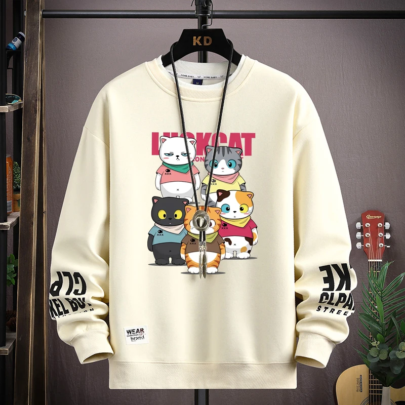 

Новые мужские толстовки S-5XL, весенняя футболка с длинными рукавами и принтом японских мультяшных кошек, модная мужская одежда, топ в стиле Харадзюку с круглым вырезом