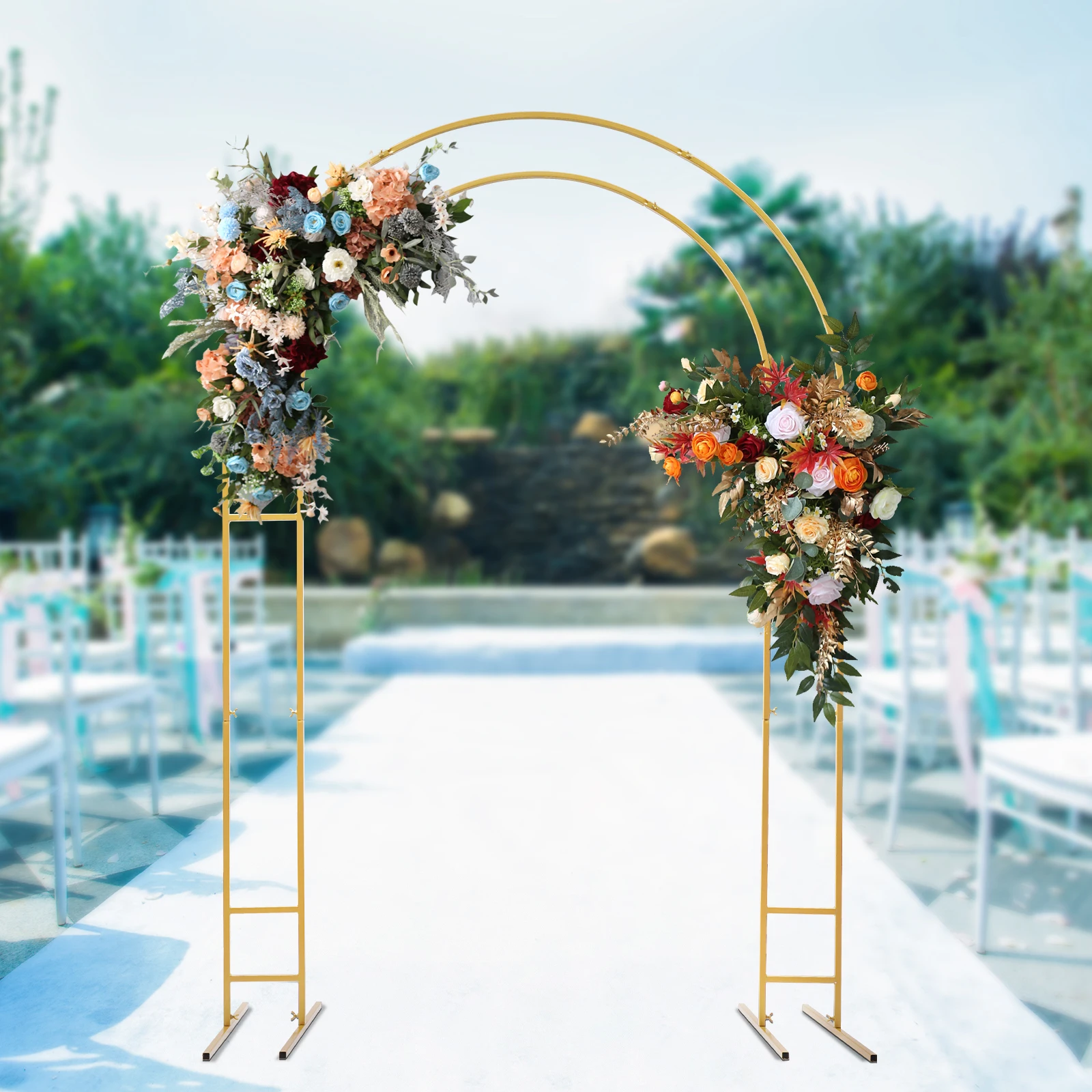 Support d'arrière-plan en arc rond doré, grand décor de fête de mariage de 2.2m avec Double Tube pour ballons à fleurs, cadre en acier robuste