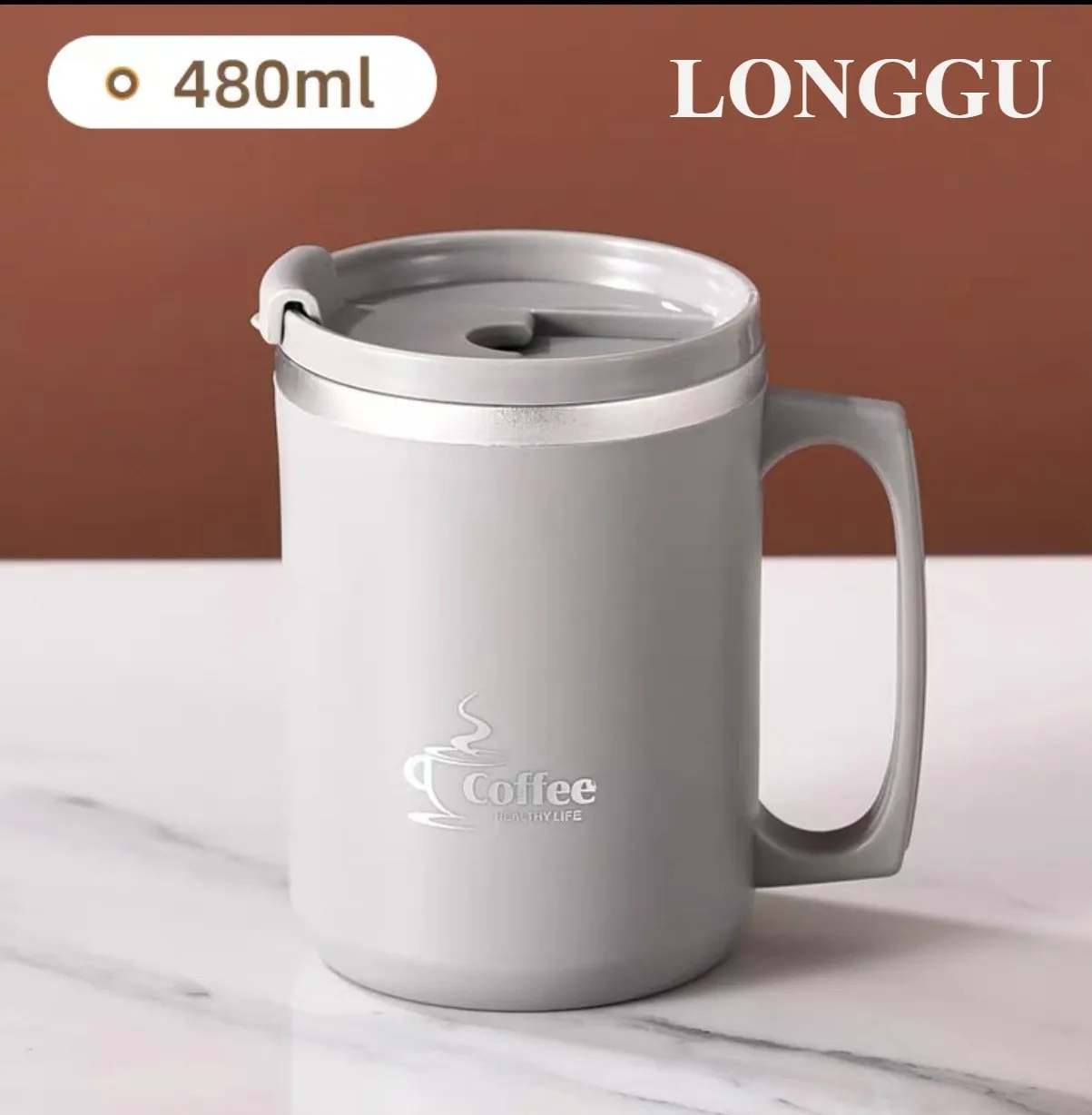 LONGGU 텀블러 머그컵 스텐 내병 진공 480mL 보온 보냉 사무실 커피 머그 물컵, 은회색, 1개