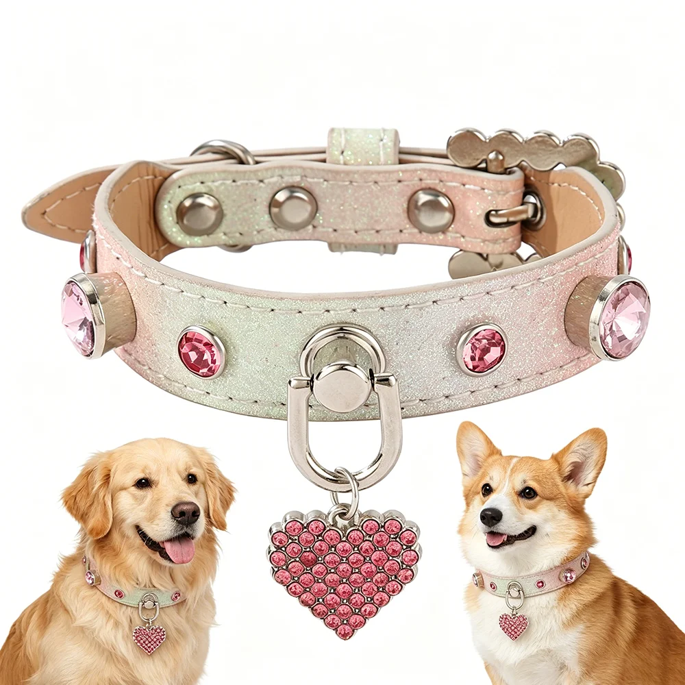 

Shiny Rhinestone Pet Collar Love Jewelry Dog Collar Comfortable Leather Dog Adjustable Collar