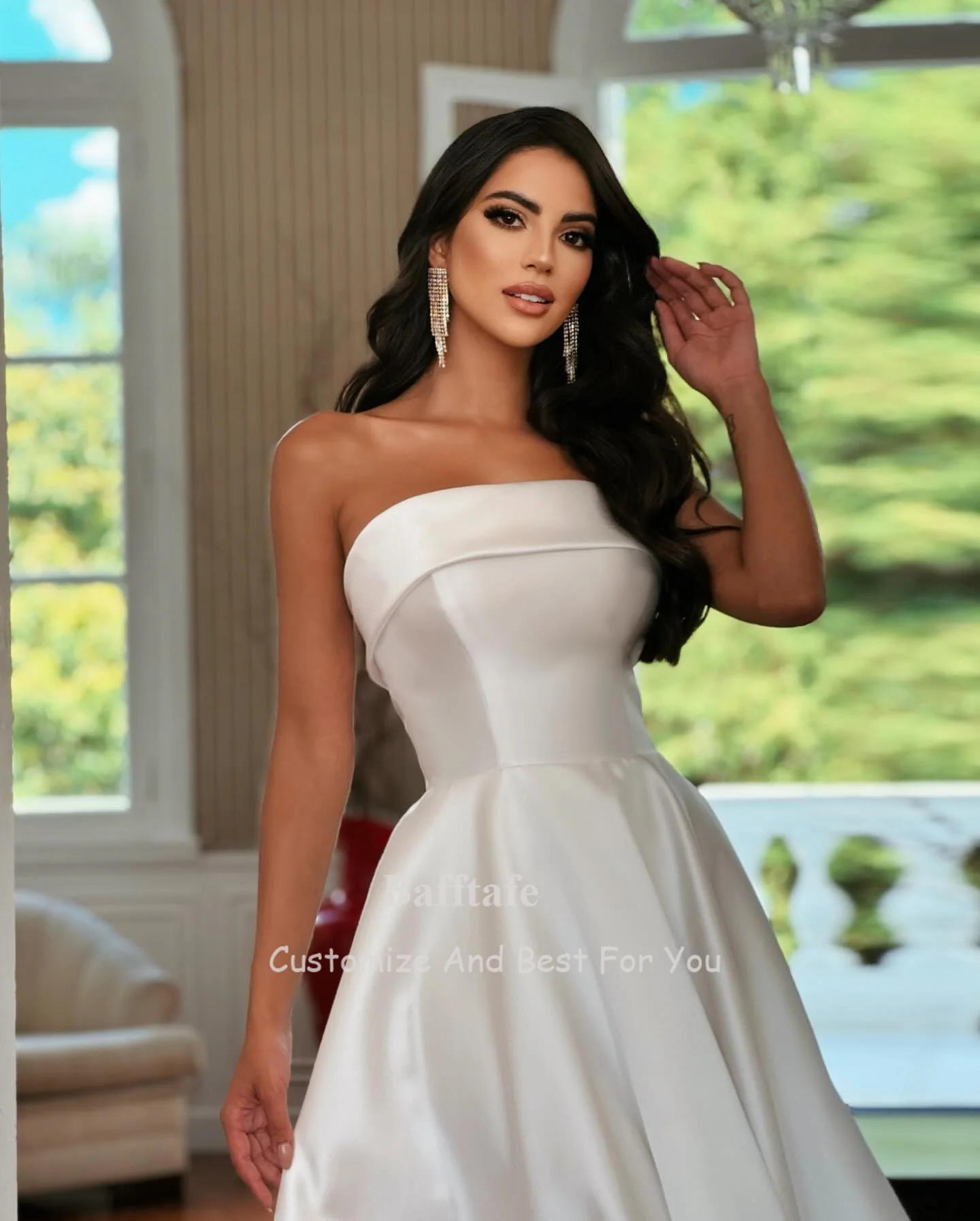 Bafftafe A Line Satin Midi Wedding Dresses Bride Strapless Tea-Length Wedding Gowns Formal Prom Party Evening Dress Customized