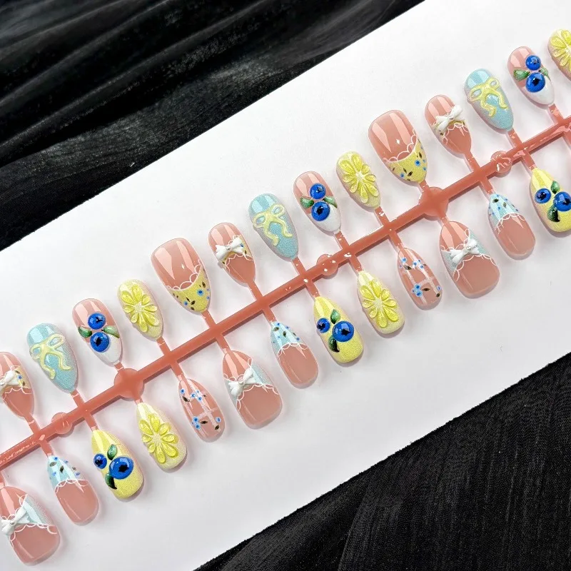 24PCS Cute Ins Fruit Almond Stick on Nails Spring Summer Fresh Lace Patterns French False Nails Yellow Lemon Bowknot Fake Nails