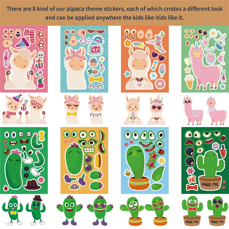 6-24sheets Kawaii Alpaca Cactus Kids Stickers Classic Diy Make A Face Puzzel Puzzel Puzzel Kinderen Party Gunst Games Speelgoed Cadeau