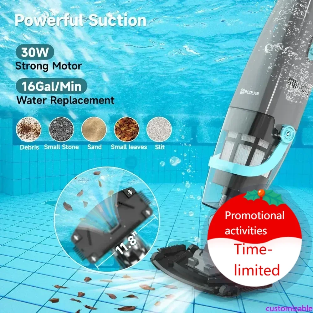 Oferta caliente: Aspiradora de piscina inalámbrica personalizable, limpiador de piscinas recargable con succión de 16 gal/min, 60 min de autonomía, doble fase.