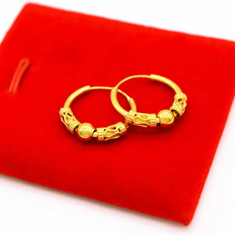 Luxury 24K 9999 Pure Gold real gold Women's Transfer Beads Elegant Small Ear Ring