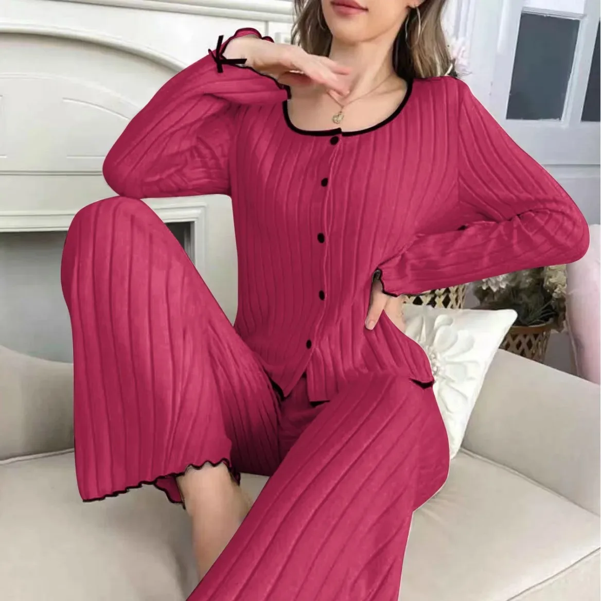 

Solid Casual Pajamas For Women Two Pieces Sleepwear Women's Pajama Trousers Loungewear Sets Nightwear Female Home Suit Clothes