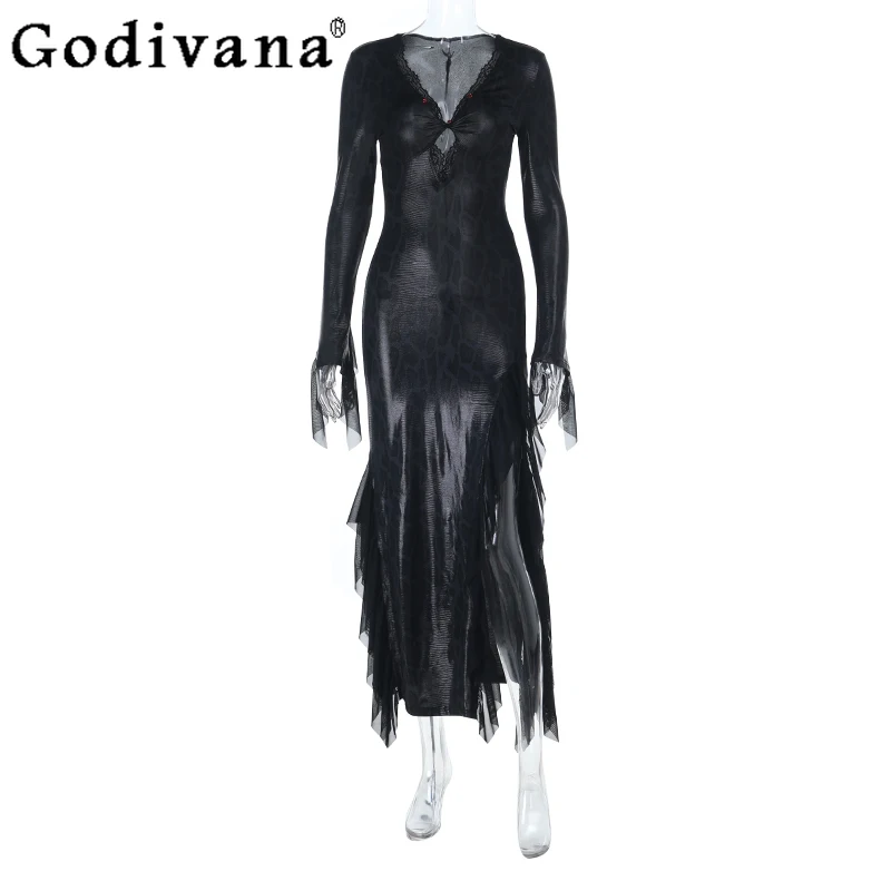 المرأة الجوف خارج سبليت فستان طويل هالوين القوطية نمط تكدرت الخامس الرقبة فستان الإناث الخريف القوطي تأثيري ازياء فستان