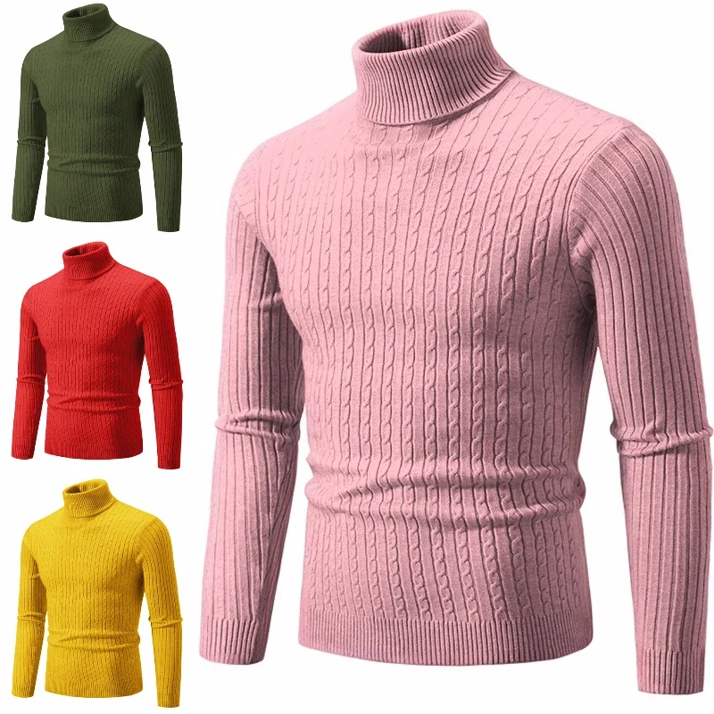 Men\'s Knitted Warm Turtleneck Sweaters Solid Color Slim Fit Fashionable Pullover Mens Winter Outdoor Tops