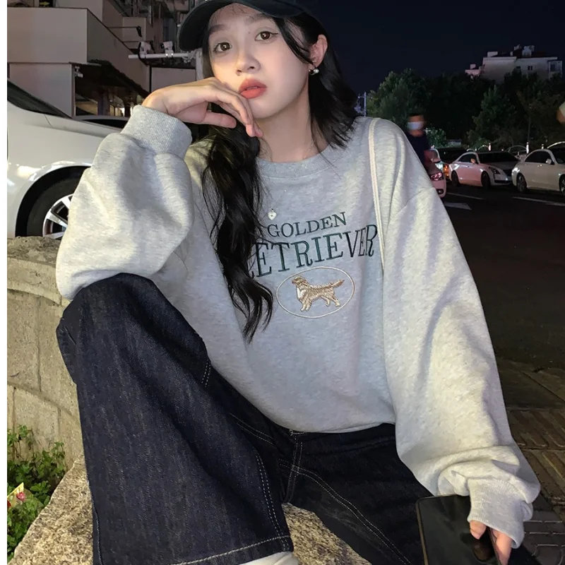 

White Grey Crew Baggy Sweatshirt Women's Fleece Thicken Fashion Love Letter Printing Street Lazy Wind Long Sleeves Pullover Top